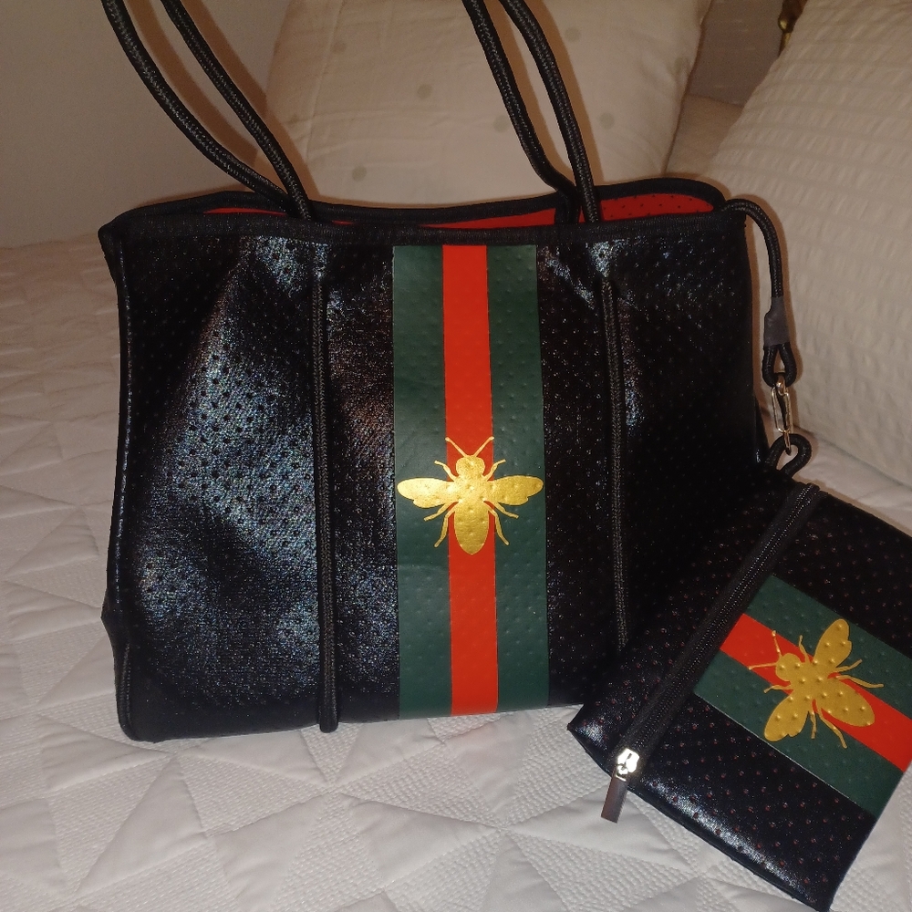 Black and Red Designer Tote Bag with Gold Accent